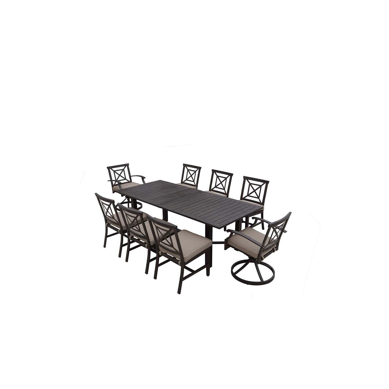 Atlantis 9 Pc Aluminum Dining Set w/ 91 Inch Table, Swivel Rockers, and Beige Cushions in Walnut By Darlee - Set - White Background thumbnail