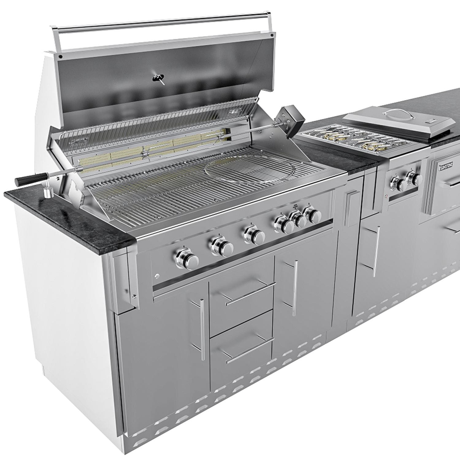 Sunstone Grills SCPFRENCHQUARTER13.7-LP French Quarter 13 1/2 Ft Outdoor Kitchen Island w/ Propane Grill & Side Burner, Sink, Refrigerator, Door & Drawer - Grill Open - White Background thumbnail