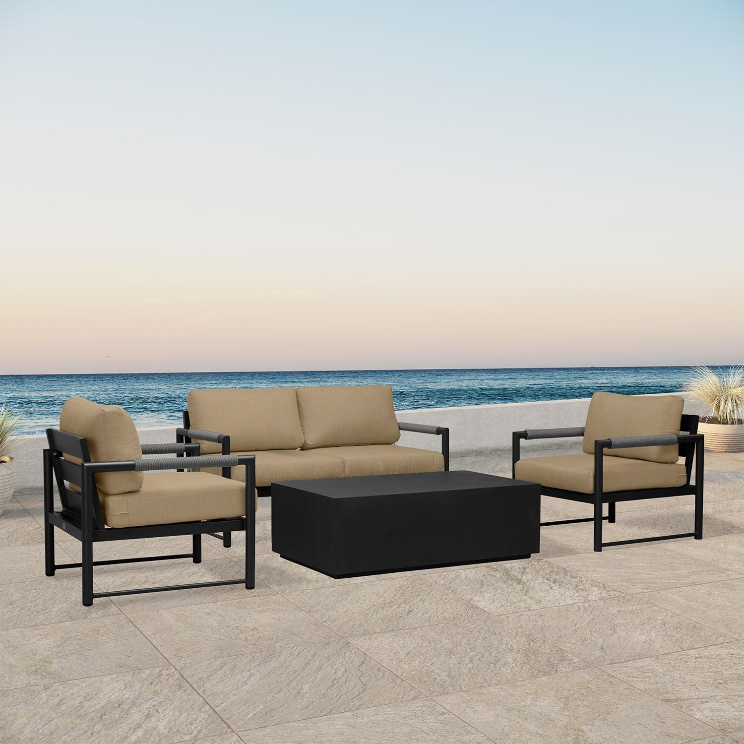 Lakeview AVEBAY-BK-CO-SET111-HB Avenue Bay Black/Carbon 5 Pc Loveseat Set - Heather Beige - Angled On Patio - White Background thumbnail