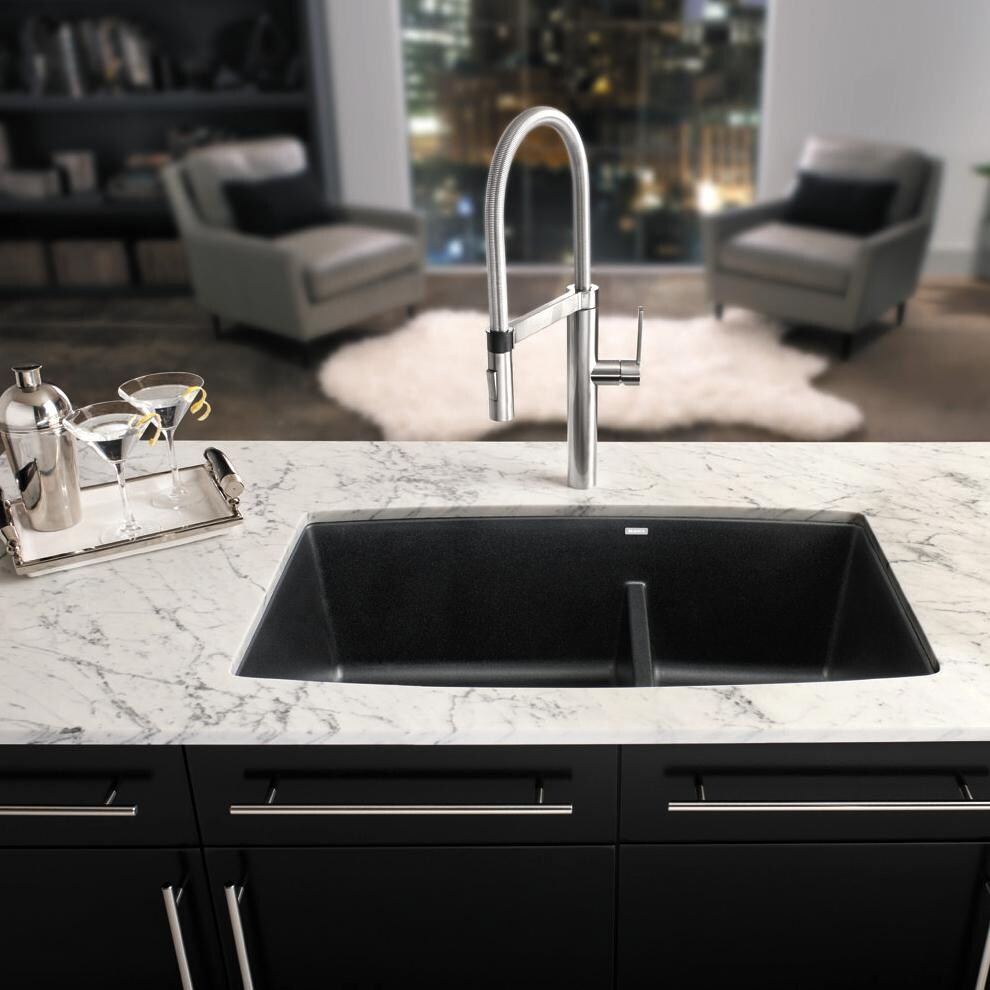 Blanco Performa 33 X 19 Silgranit II Double Bowl Undermount Sink - Anthracite - Installed (Shown With Faucet & Drain - Not Included) thumbnail