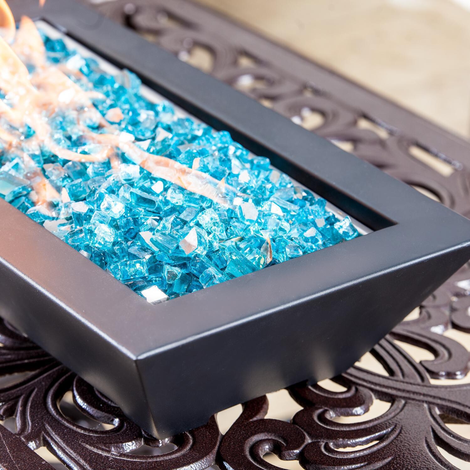 BBQGuys Signature Series Westfalen 18-Inch Table-Top Propane Fire Pit - Black - Top View - Shown with 1/2 inch Caribbean Blue Reflective Fire Glass (Sold Separately) thumbnail