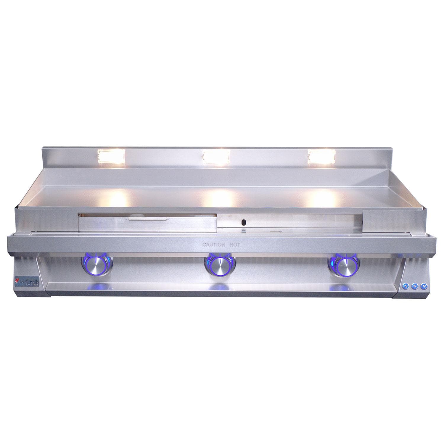 Le Griddle OML105P3 LP Pro Series 105 3 Burner Built-In Propane Flat Top Grill w/ 3mm Plate - Grease Disposal Trays - White Background thumbnail