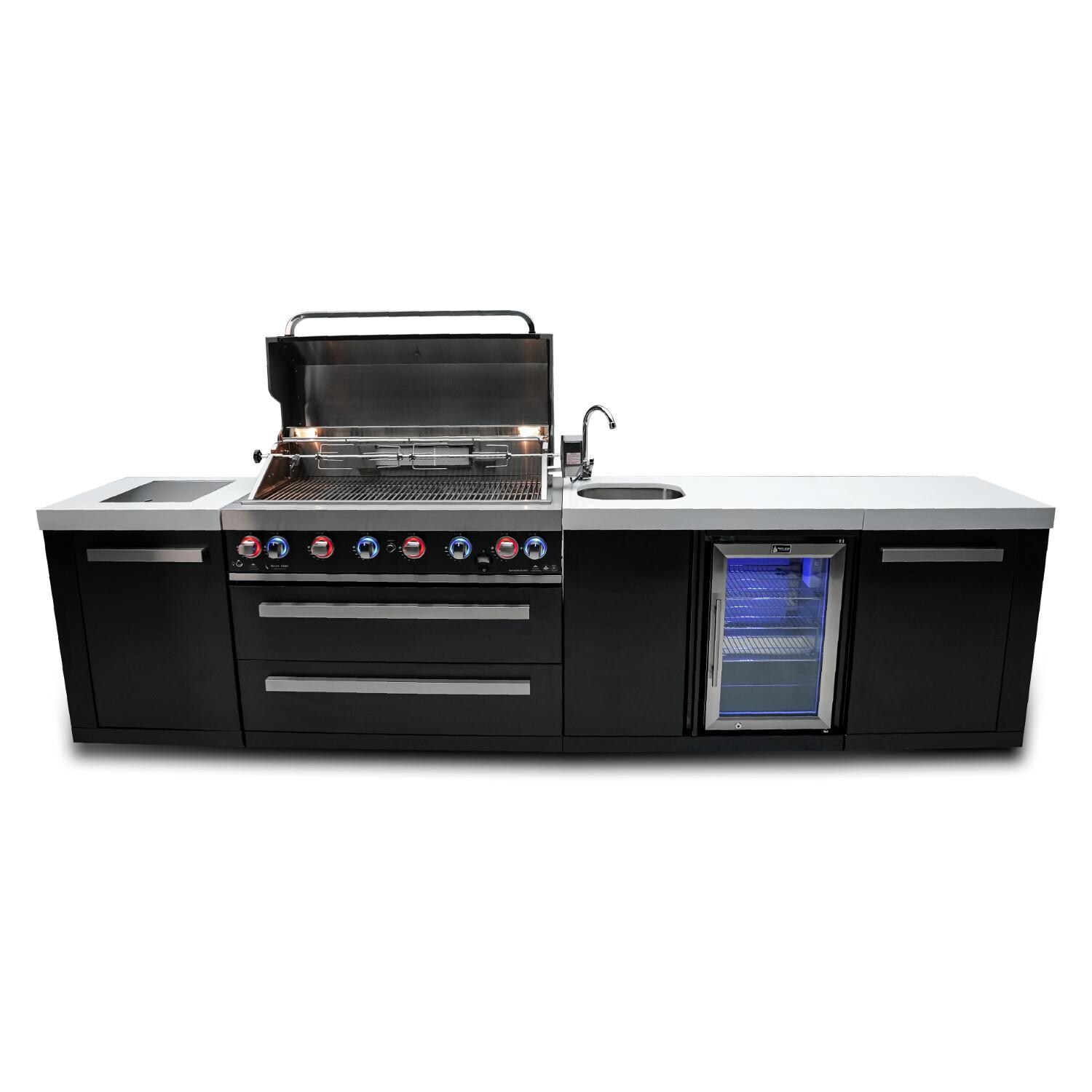 Mont Alpi - MAi805-BSSBEV - Deluxe Propane Gas Island Grill W/ Beverage Center, Infrared Side burner, and Rotisserie Kit - Black Stainless Steel - Open With Burners On - White Background thumbnail