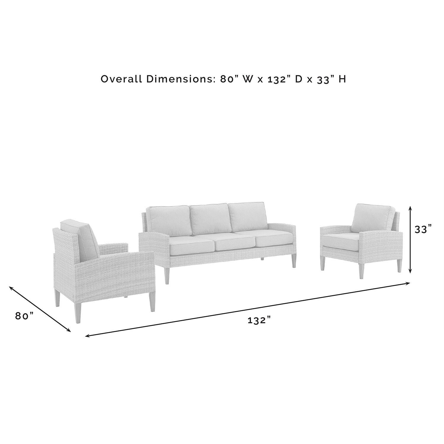 Ultimate Patio UP-92426BR-CR 3Pc Wicker Outdoor Sofa Patio Furniture Set in Creme - Overall Dimensions - Diagram thumbnail
