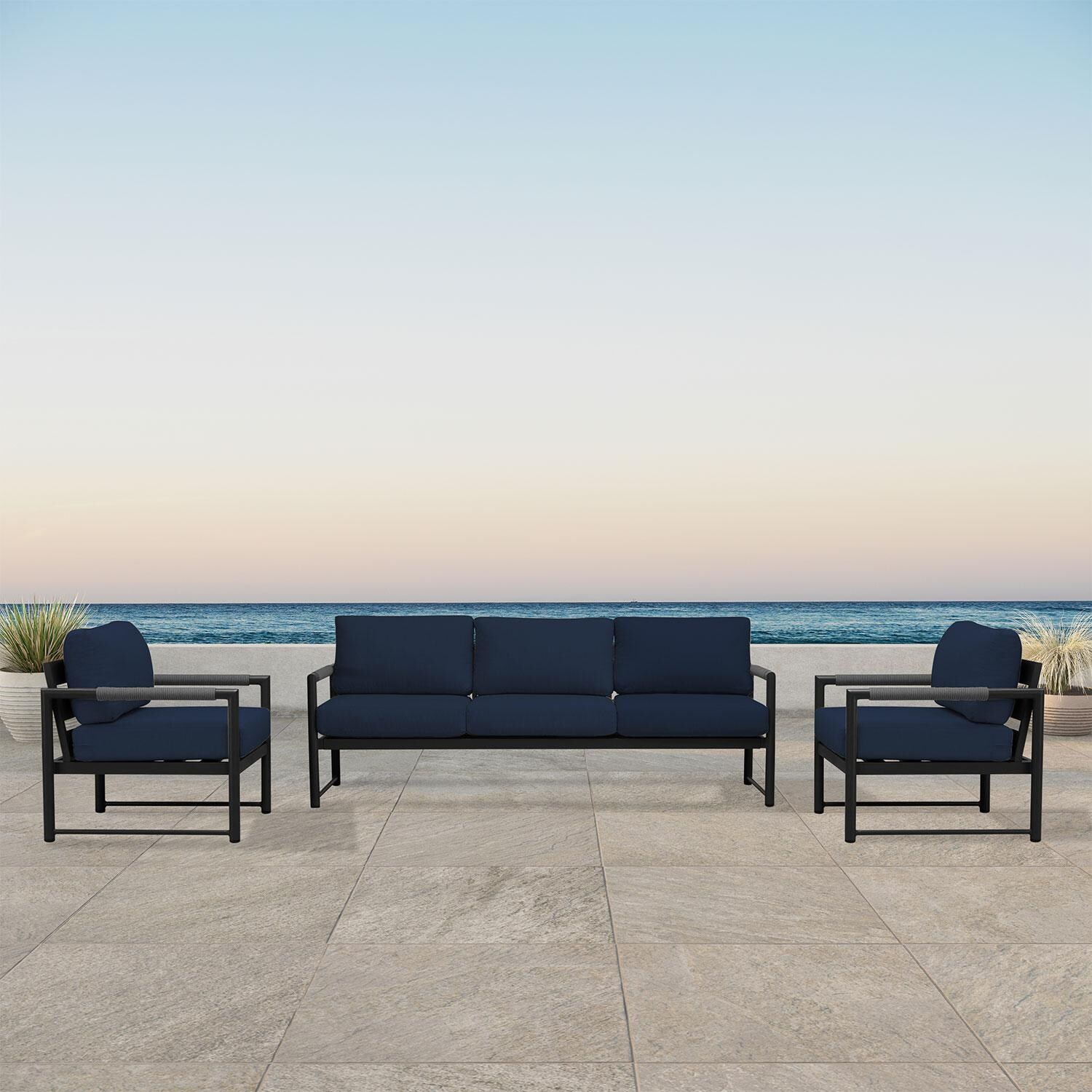 Avenue Bay 3 Pc Aluminum Sofa Club Chair Set in Black/Spectrum Indigo by Lakeview Outdoor Designs