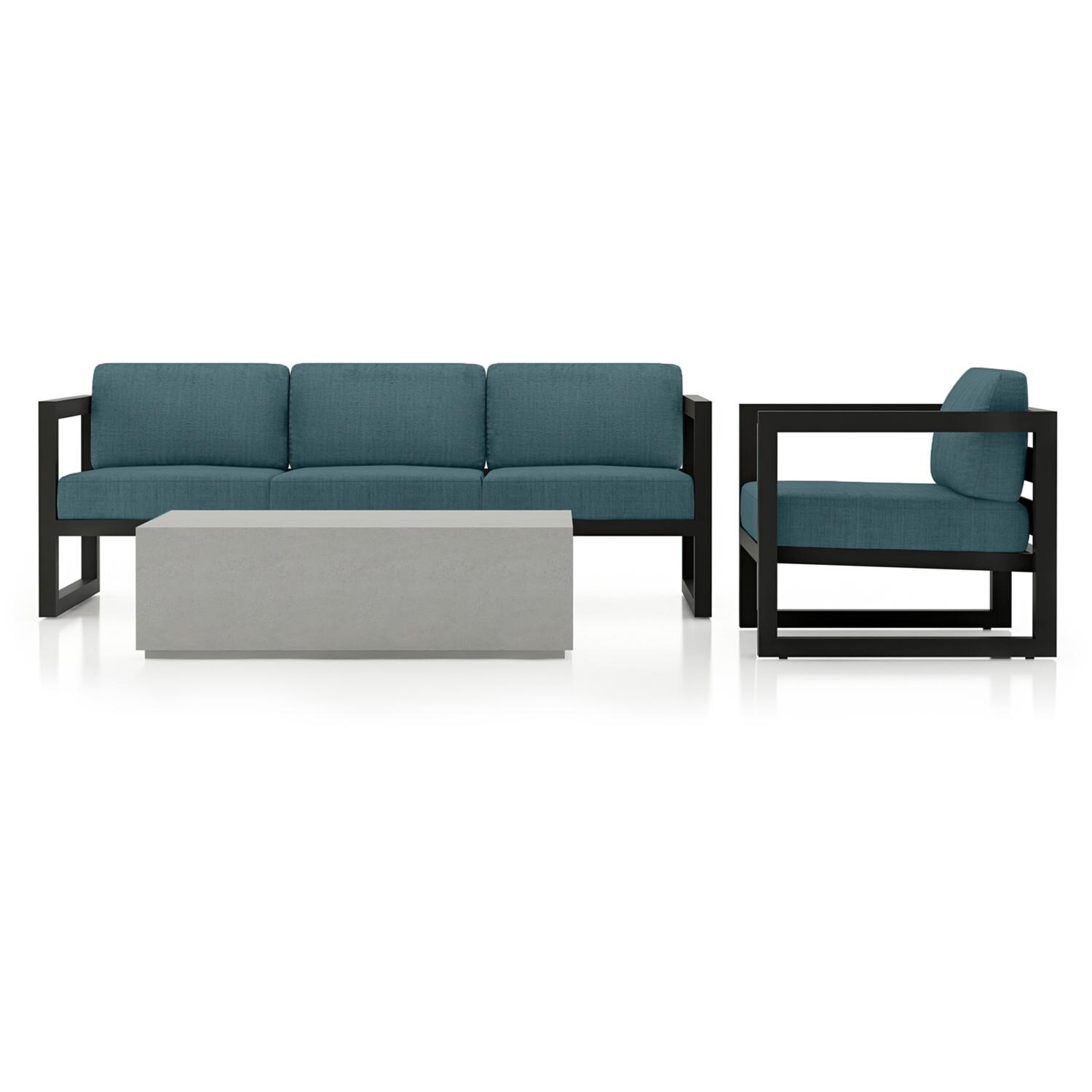 Lakeview MSTYMAS-BK-3SS-CL Misty Cove 3 Pc Aluminum Seating Set in Black w/Mason Coffee Table & Cast Lagoon Cushions by Lakeview Outdoor Designs - Set - White Background thumbnail