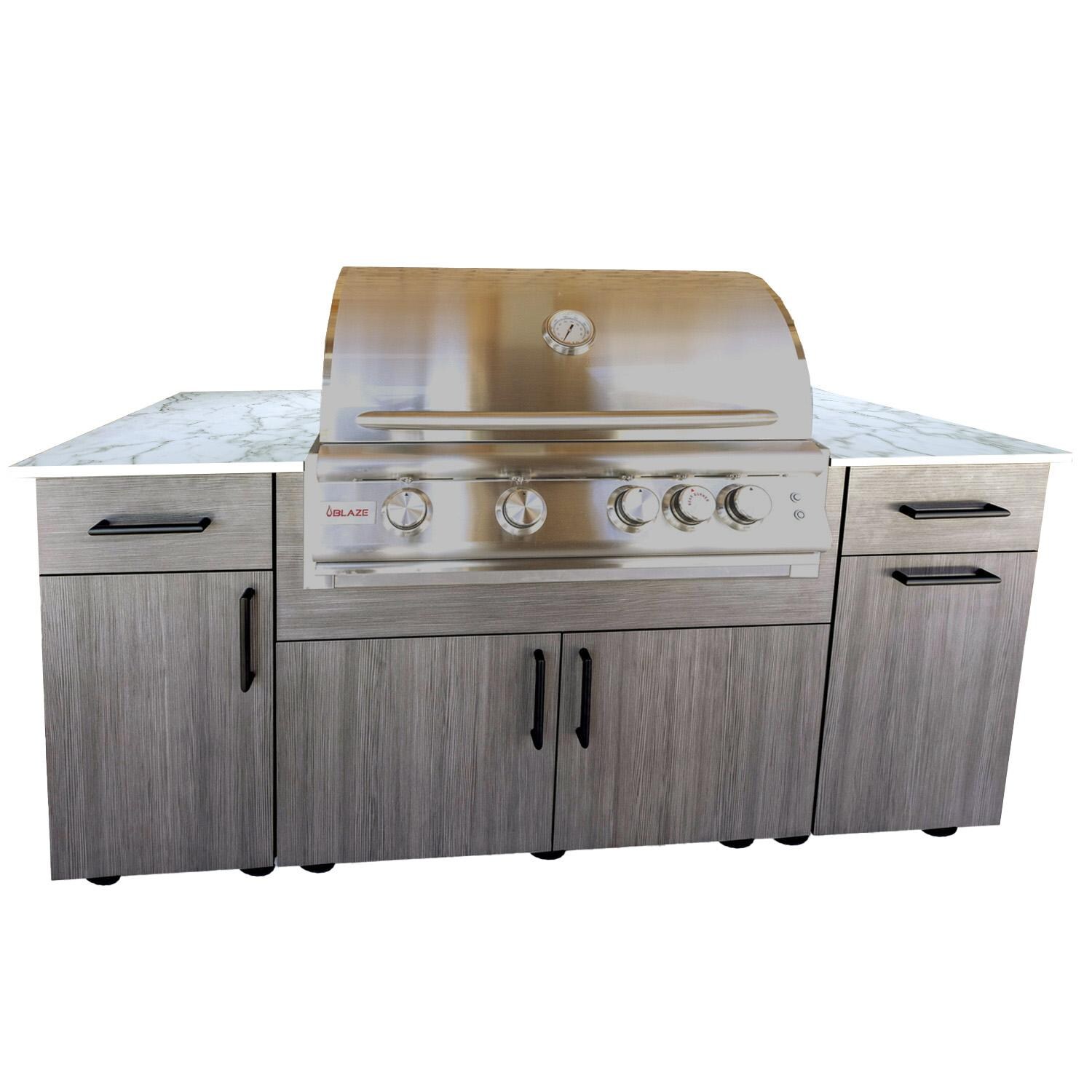 BBQGuys Signature Beech 6 Ft Outdoor Kitchen Island w/ Blaze Natural Gas Grill in Grey Cedar/Icecap White - Island - White Background thumbnail