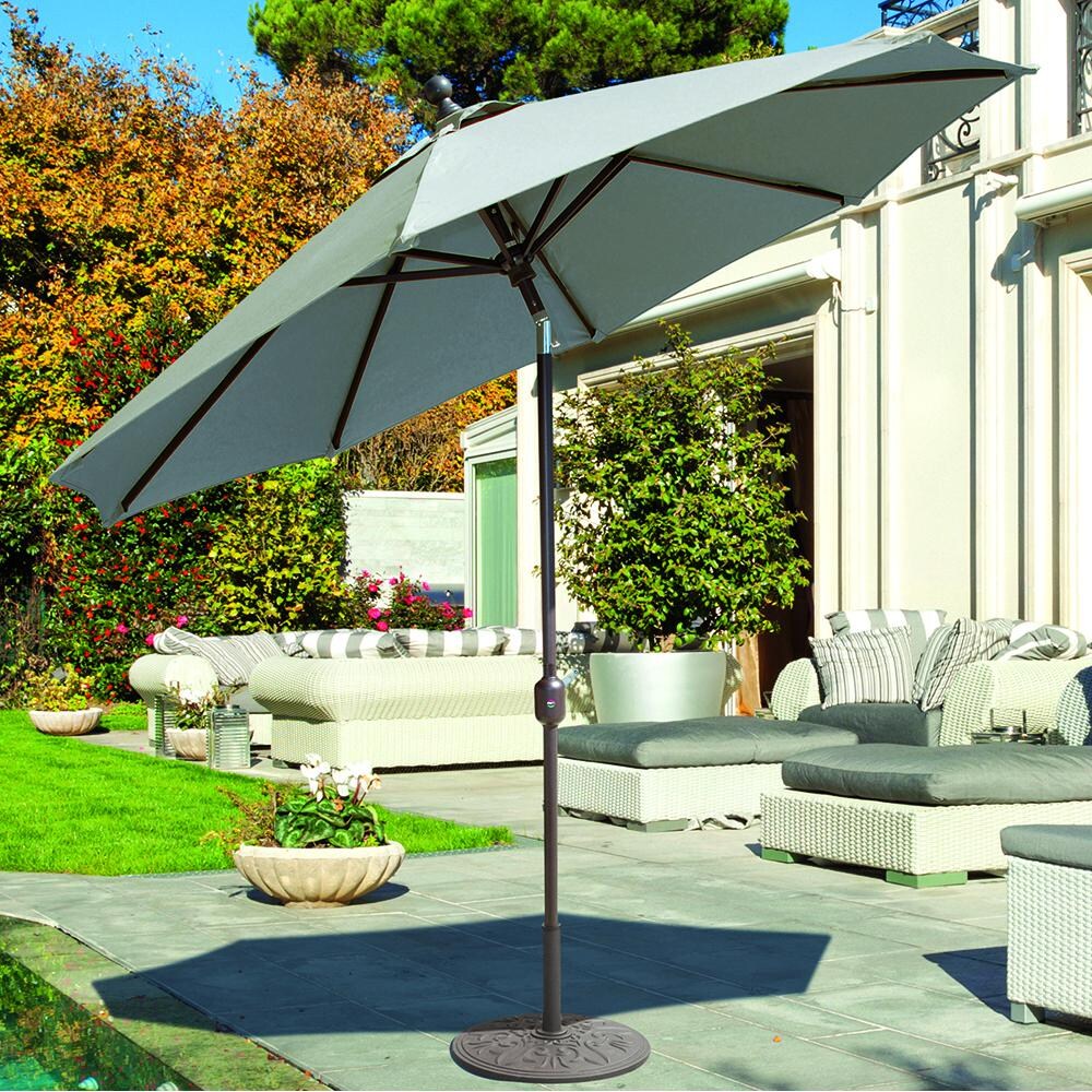Galtech 9 Ft. Octagonal Patio Umbrella W/ Crank Lift - Lifestyle View - Shown In Antique Bronze W/ Jockey Red Sunbrella Fabric (Umbrella Base Not Included) thumbnail