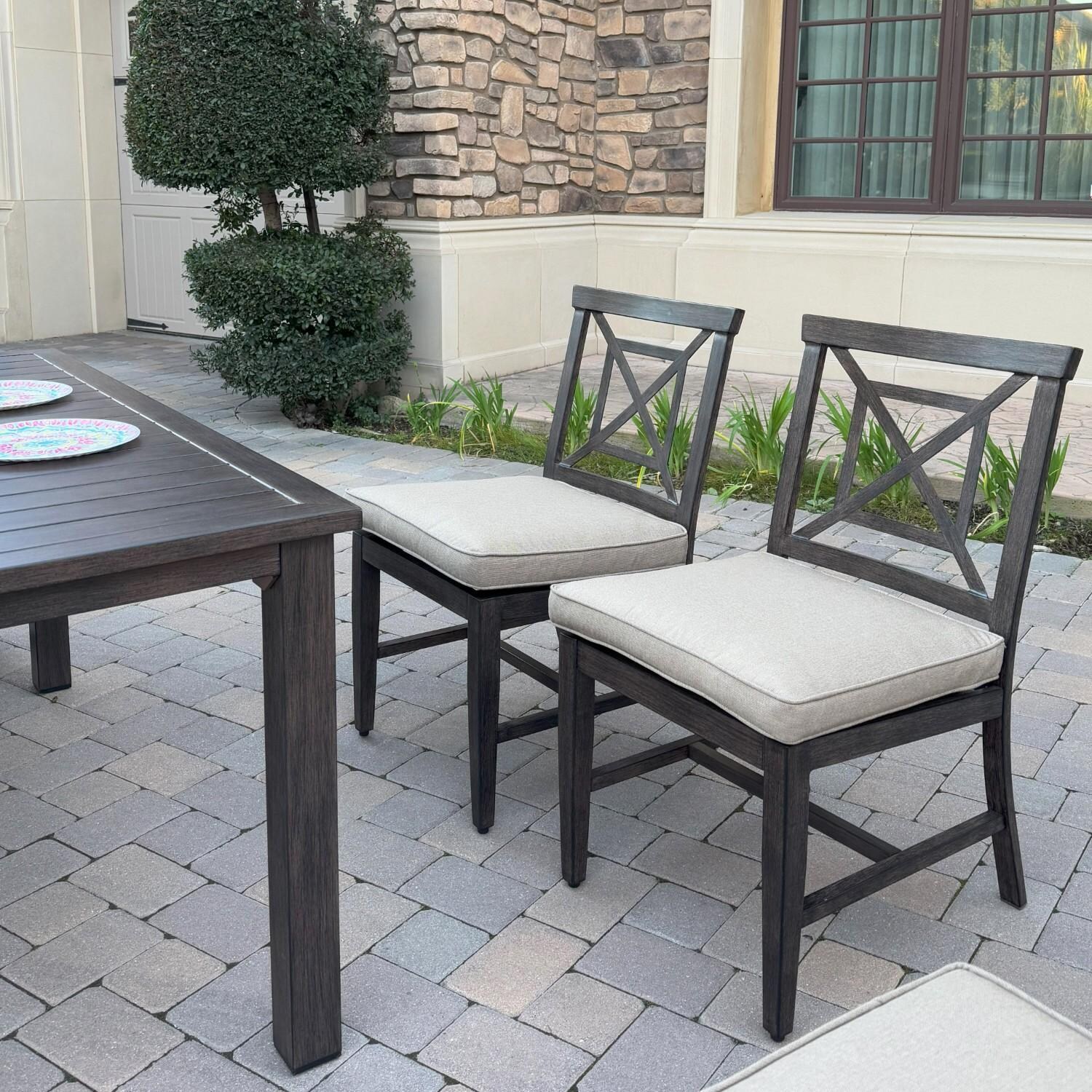 Atlantis 8 Pc Aluminum Dining Set w/ 4 Dining Side Chairs, 2 Swivel Rocker Dining Arm Chairs & Two Person Bench in Walnut/Beige by Darlee - Chairs At Table - Lifestyle thumbnail