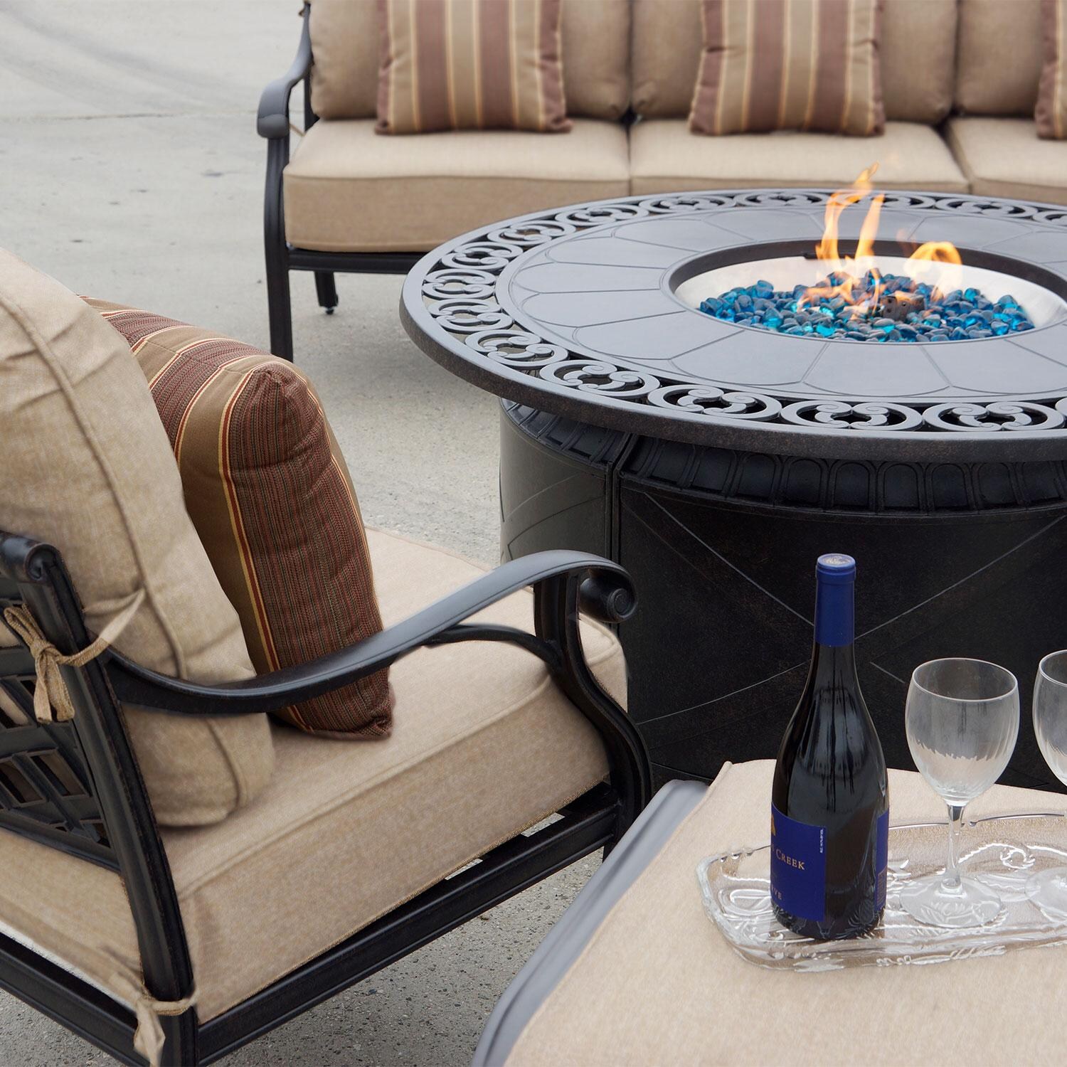 Darlee Nassau 5-Piece Patio Propane Fire Pit Deep Seating Set with Cushions and 47 Inch Round Fire Pit Chat Table and Fireglass - Chair Up Close - Lifestyle thumbnail