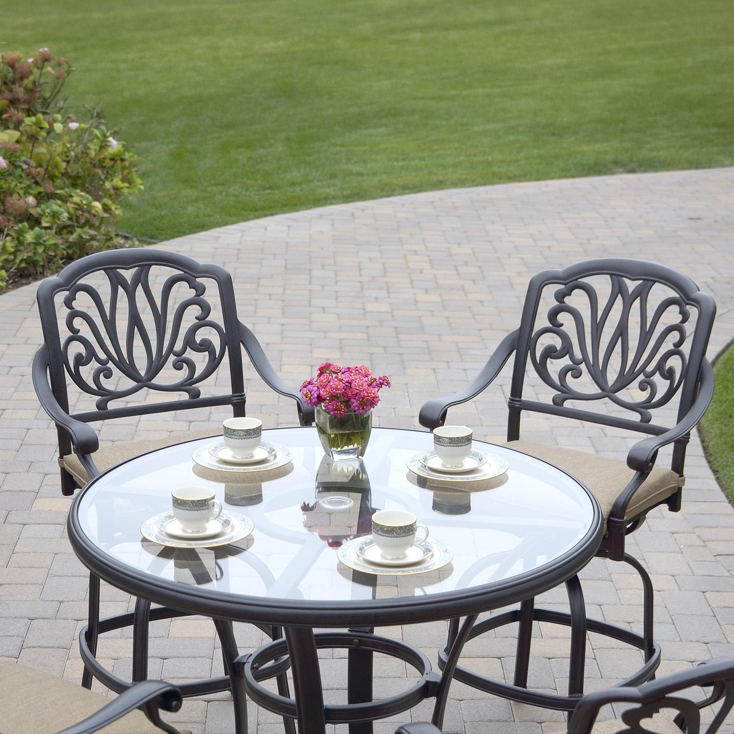 Darlee Elisabeth 5 Pc Cast Aluminum Bar Set w/ 42 Inch Round Classic Table in Antique Bronze/Beige - Set Up Close - Lifestyle thumbnail