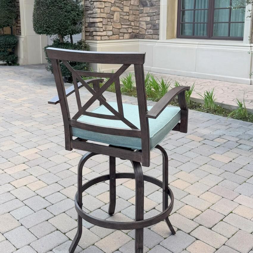 Atlantis Aluminum Swivel Bar Stool Set of 4 w/ Spa Cushions in Walnut By Darlee - Chair Back - Lifestyle thumbnail