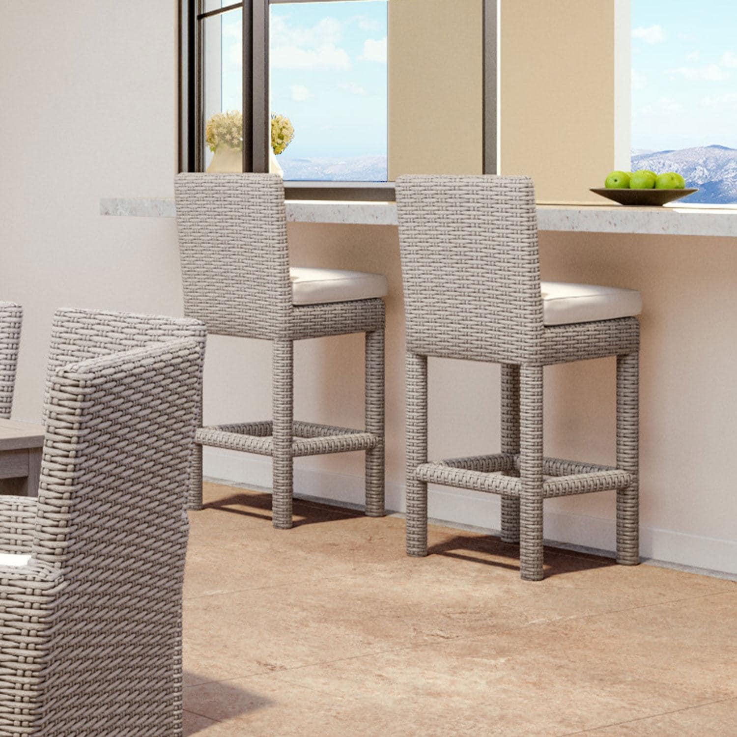 Coronado Wicker Patio Bar Stool W/ Sunbrella Canvas Flax Cushion By Sunset West - Bar Setting (One Included) - Lifestyle thumbnail