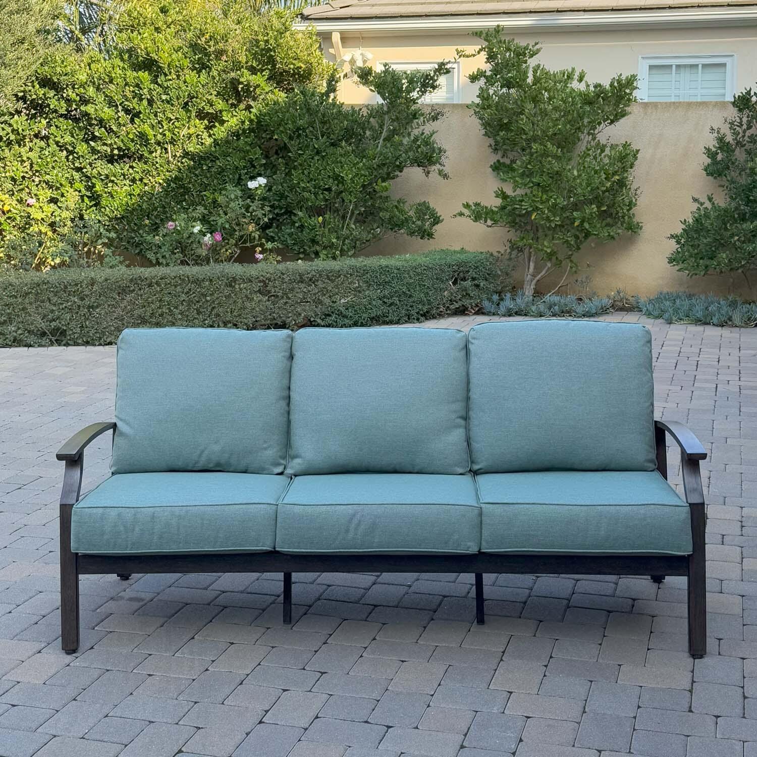 Atlantis 4 Pc Aluminum Seating Set w/ Square Fire Pit Chat Table in Walnut/Spa by Darlee - Sofa - Lifestyle thumbnail