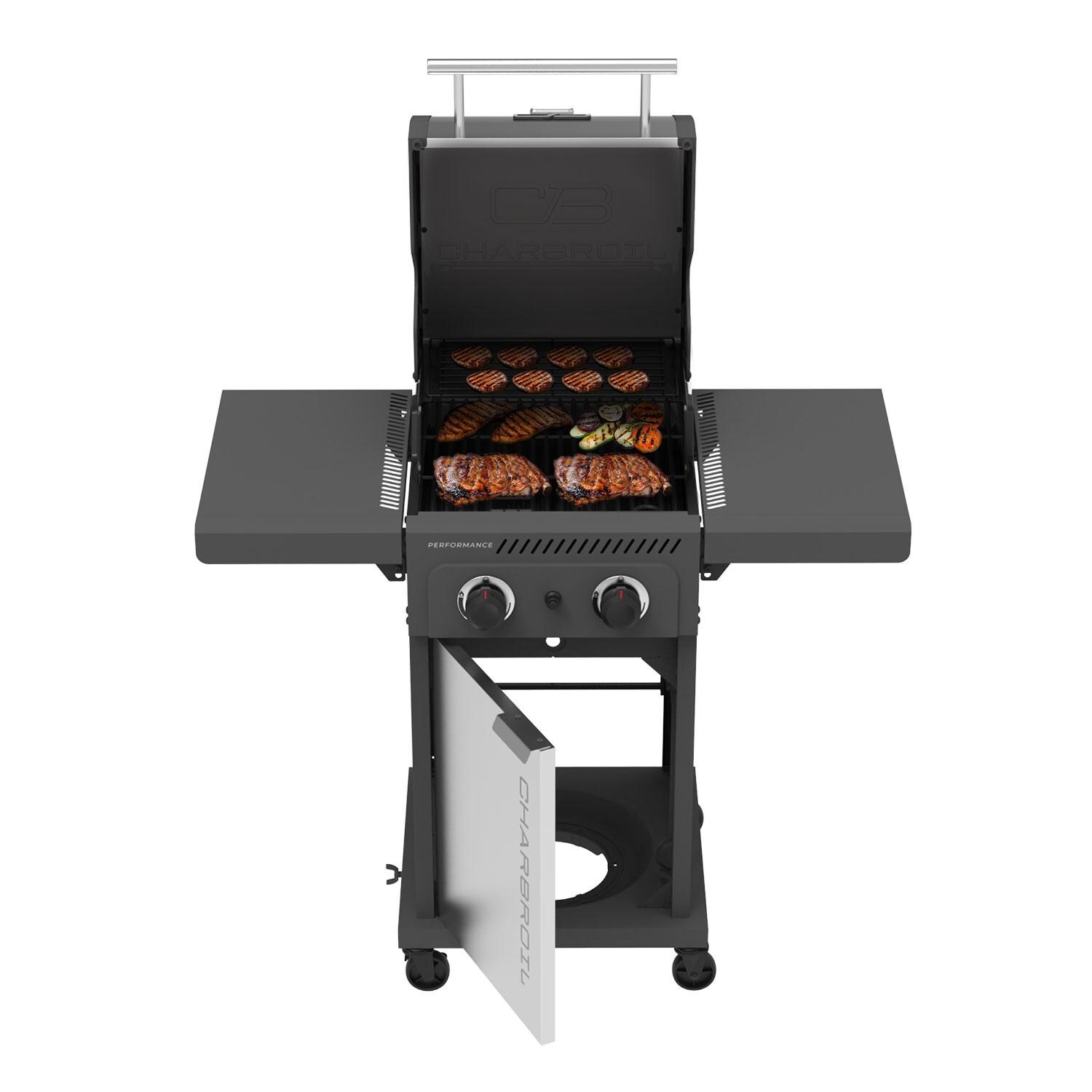 Charbroil 463663125 Performance Series 2 Burner Propane Grill Cabinet W/ Foldable Side Shelves, Grey & Stainless Steel - Lid Up - Detail thumbnail