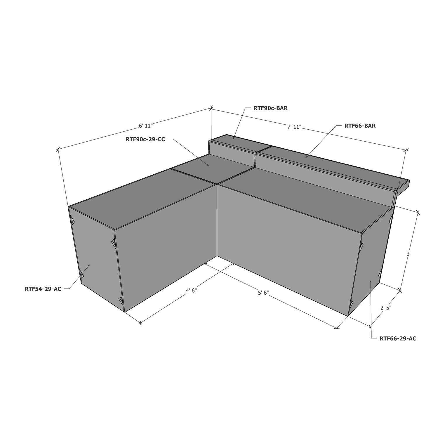 Universal 7 ft X 8 ft Ready To Finish L-Shaped Outdoor Kitchen System Appliance and Storage Cabinets W/Bars On 66 Inch & 90 Degree Corner Cabinets - Dimensional thumbnail