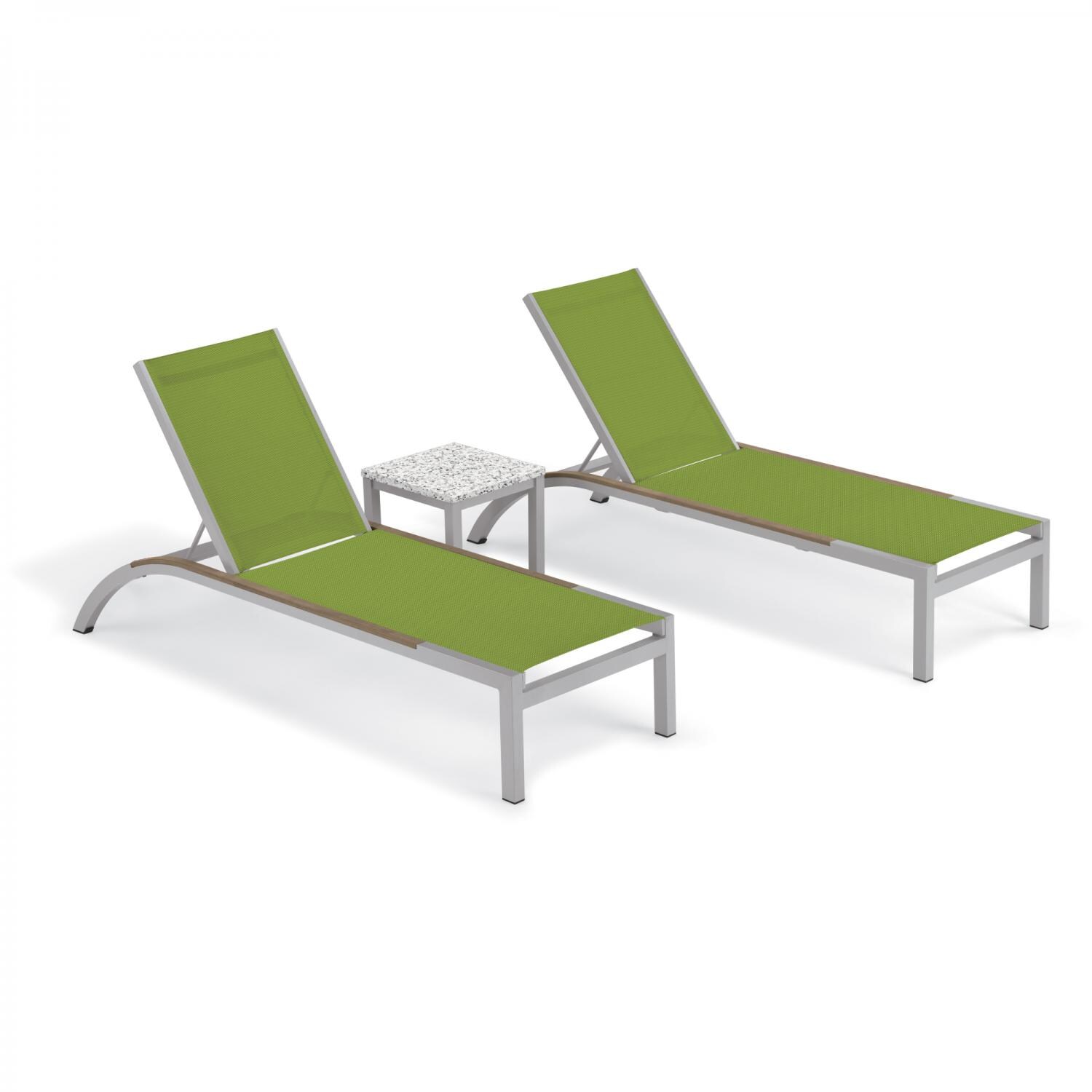 Argento 3 Piece Aluminum Patio Chaise Lounge Set W/ Tekwood Vintage Side Rails & Lite-Core Ash End Table By Oxford Garden - Go Green Sling image