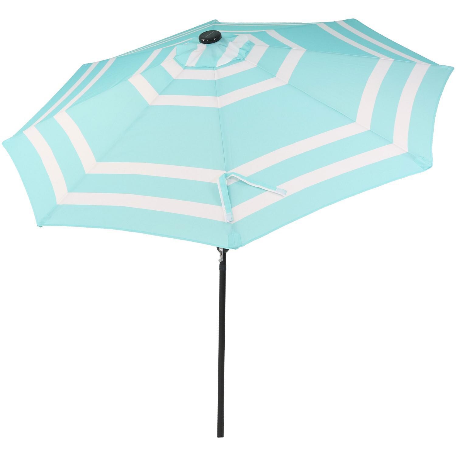 Ultimate Patio 9 Ft. Solar Lighted Octagonal Aluminum Patio Mart Umbrella W/ Crank & Tilt - Black Frame & Teal Stripe Polyester Canopy