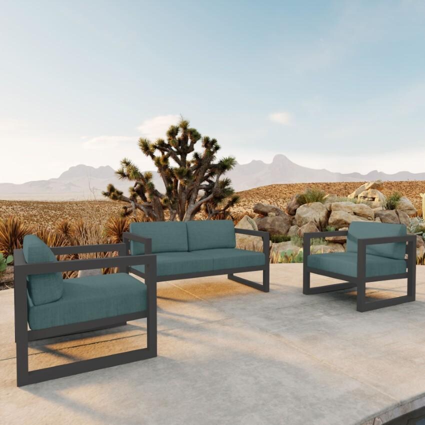 Misty Cove 3 Piece Seating Set in Slate w/Loveseat & Cast Lagoon Cushions by Lakeview - On The Patio - Lifestyle thumbnail