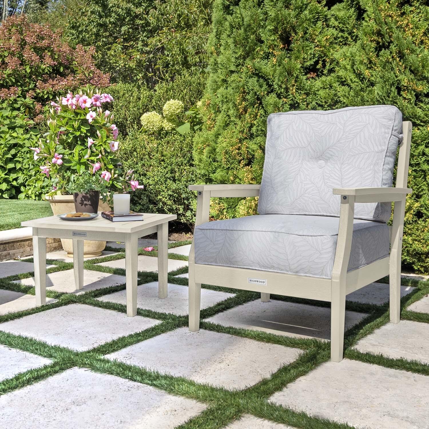 Blushing Bay 3 Pc Recycled Plastic Seating Set in Lively Parchment/Whitewash by Lakeview Outdoor Designs - Close Up - Lifestyle thumbnail