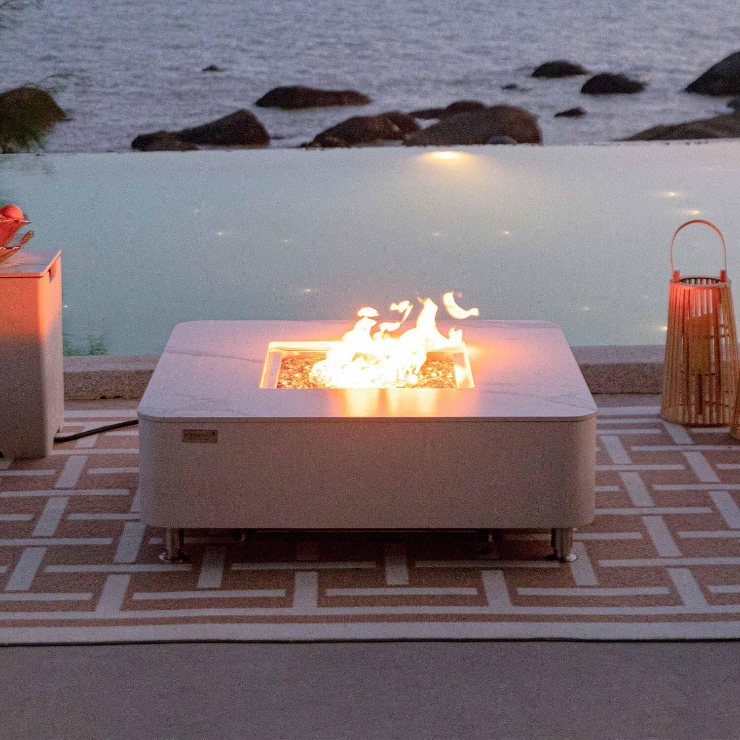 Elementi OFP101BW-NG Annecy 42-Inch Square Marble Porcelain Natural Gas Fire Pit Table - White - Lifestyle thumbnail