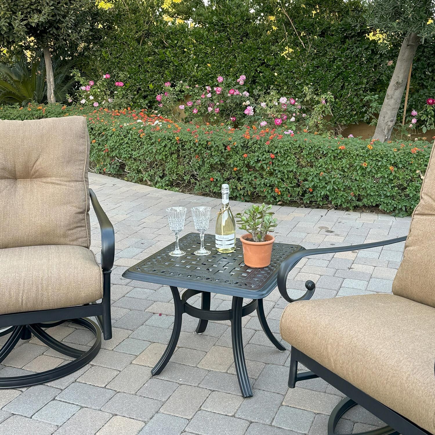 Darlee Series 88 24-in Cast Aluminum End Table in Antique Bronze - Shown w/ Chairs (Not Included) - Lifestyle thumbnail