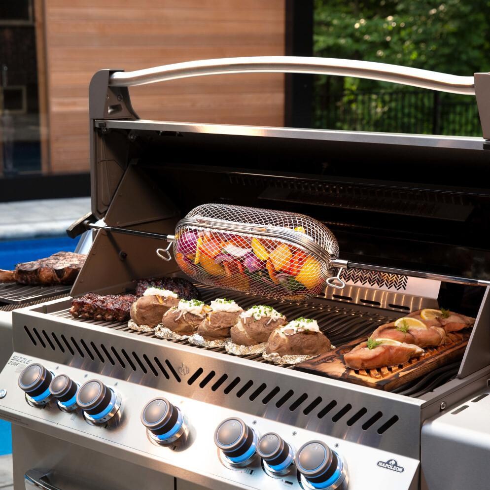 Napoleon Prestige 665 Propane Gas Grill with Infrared Rear Burner and Infrared Side Burner - Charcoal Grey - P665RSIBPCH (2019) - Lifestyle View with Optional Rotisserie Basket thumbnail