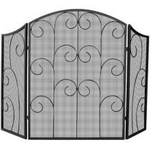 UniFlame 52-Inch 3 Fold Black Wrought Iron Fireplace Screen With Decorative Scrollwork - S-1015