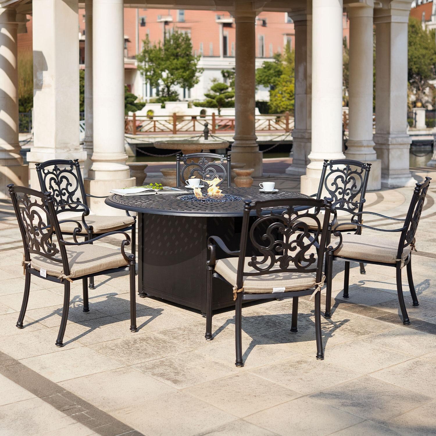 Darlee 201010-7PC-60GD Santa Barbara 7 Piece Cast Aluminum Patio Fire Pit Dining Set W/ 60 Inch Round Table & Sesame Cushions thumbnail