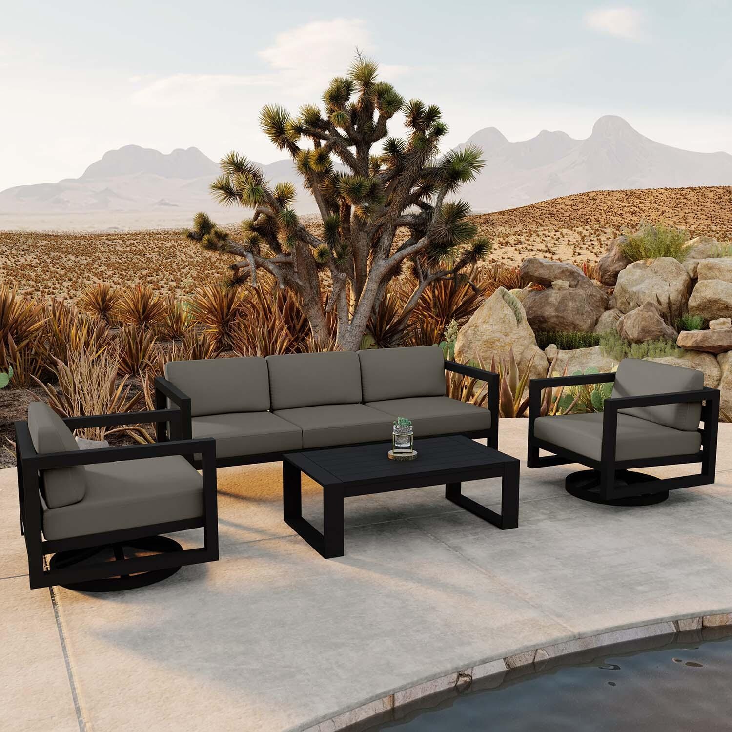 Misty Cove 4 Pc Aluminum Sofa Seating Set w/ Swivel Chairs in Black/Canvas Charcoal by Lakeview Outdoor Designs - Angled - Lifestyle thumbnail