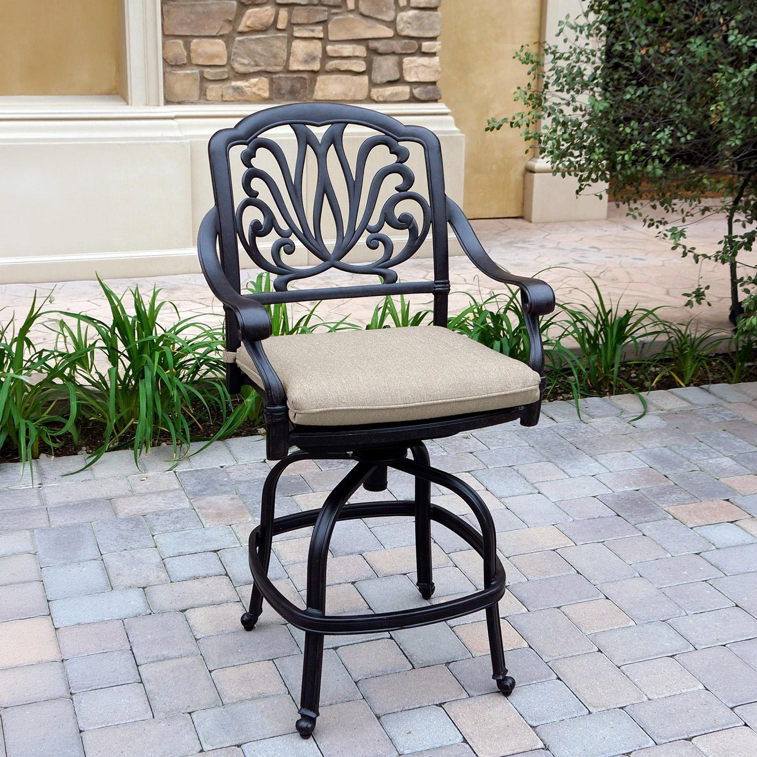 Darlee Elisabeth 3 Pc Cast Aluminum Counter Height Bar Set w/ 30 Inch Round Series 60 Table in Antique Bronze/Beige - Chair - Lifestyle thumbnail