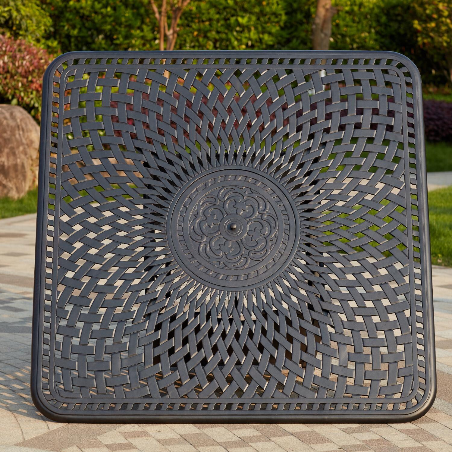 Darlee 201020-9PC-60GHW Florence 9 Piece Cast Aluminum Patio Counter Height Fire Pit Bar Set W/ 64 Inch Square Table & Sesame Cushions   - Table Detail thumbnail