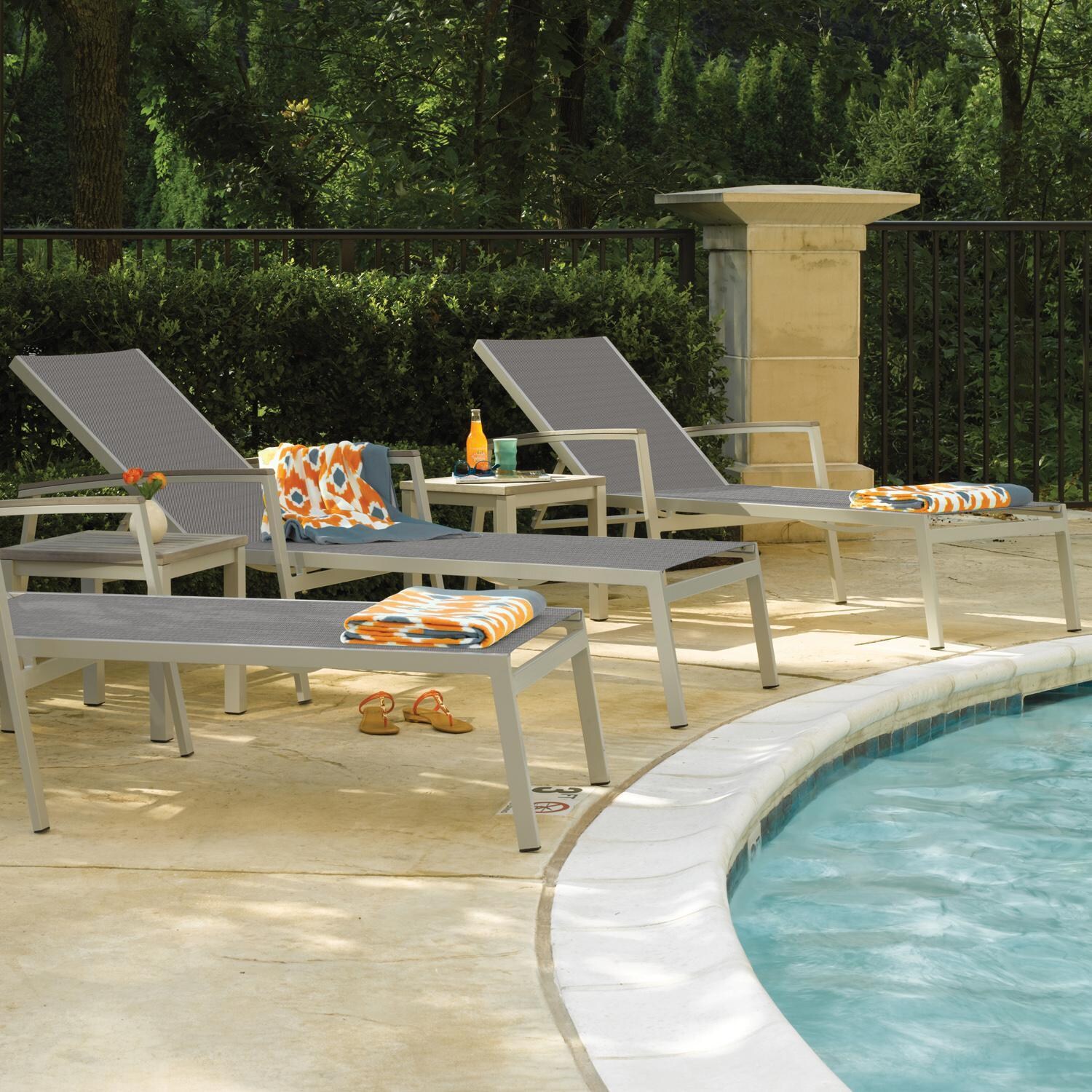 Oxford Garden Travira 4 Pc Composite Sling & Aluminum Chaise Lounge W/ Vintage Tekwood Arm Caps in Flint/Titanium - Poolside thumbnail