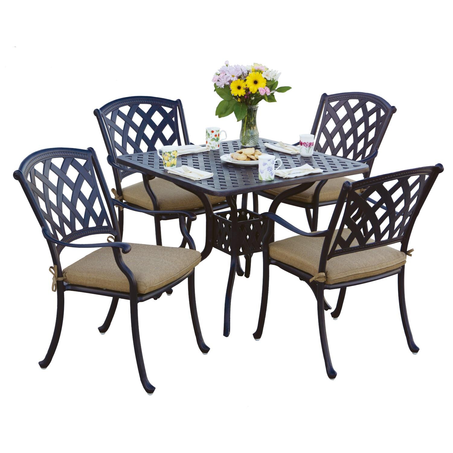 Darlee 201630-5PC-30I Ocean View 5 Piece Cast Aluminum Patio Dining Set W/ 36 Inch Square Table & Sesame Cushions - Lifestyle thumbnail