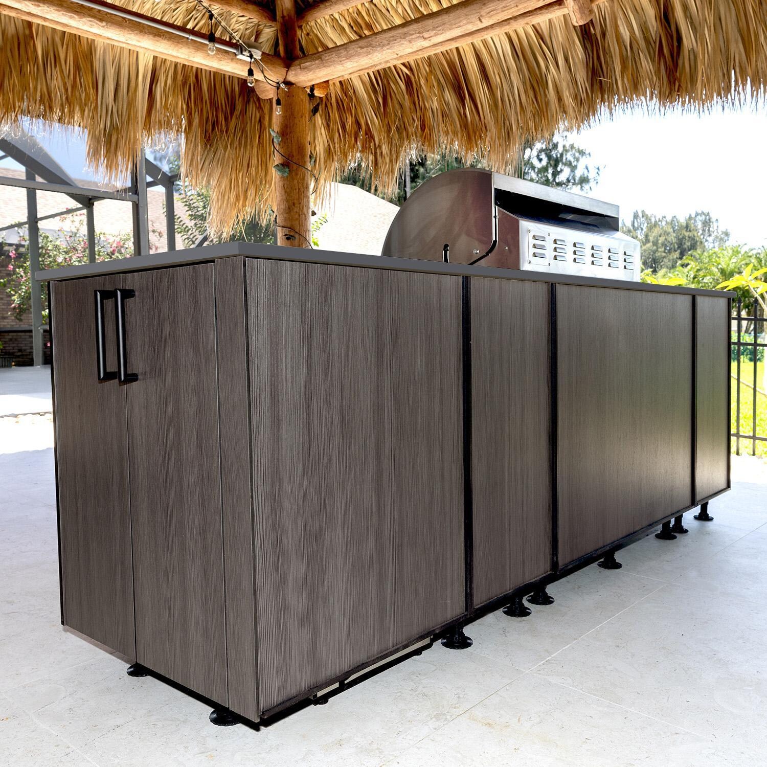 BBQGuys Signature Oasis 8 Ft Outdoor Kitchen Island w/ Blaze Propane Grill & Refrigerator in Grey Cedar/Lunar Grey - Back Angle - Lifestyle thumbnail