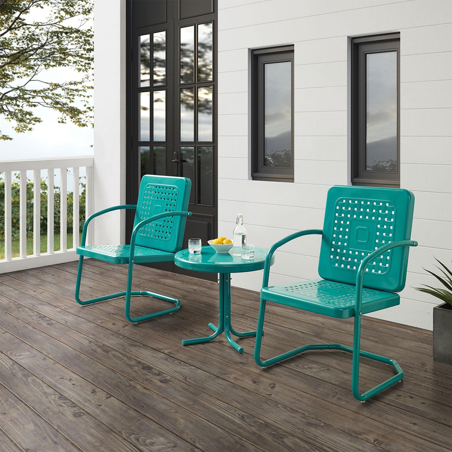 Ultimate Patio UP-32252TU 3Pc Retro Outdoor Chair Set in Turquoise W/ Turquoise Gloss Table - Different Angle - Lifestyle thumbnail