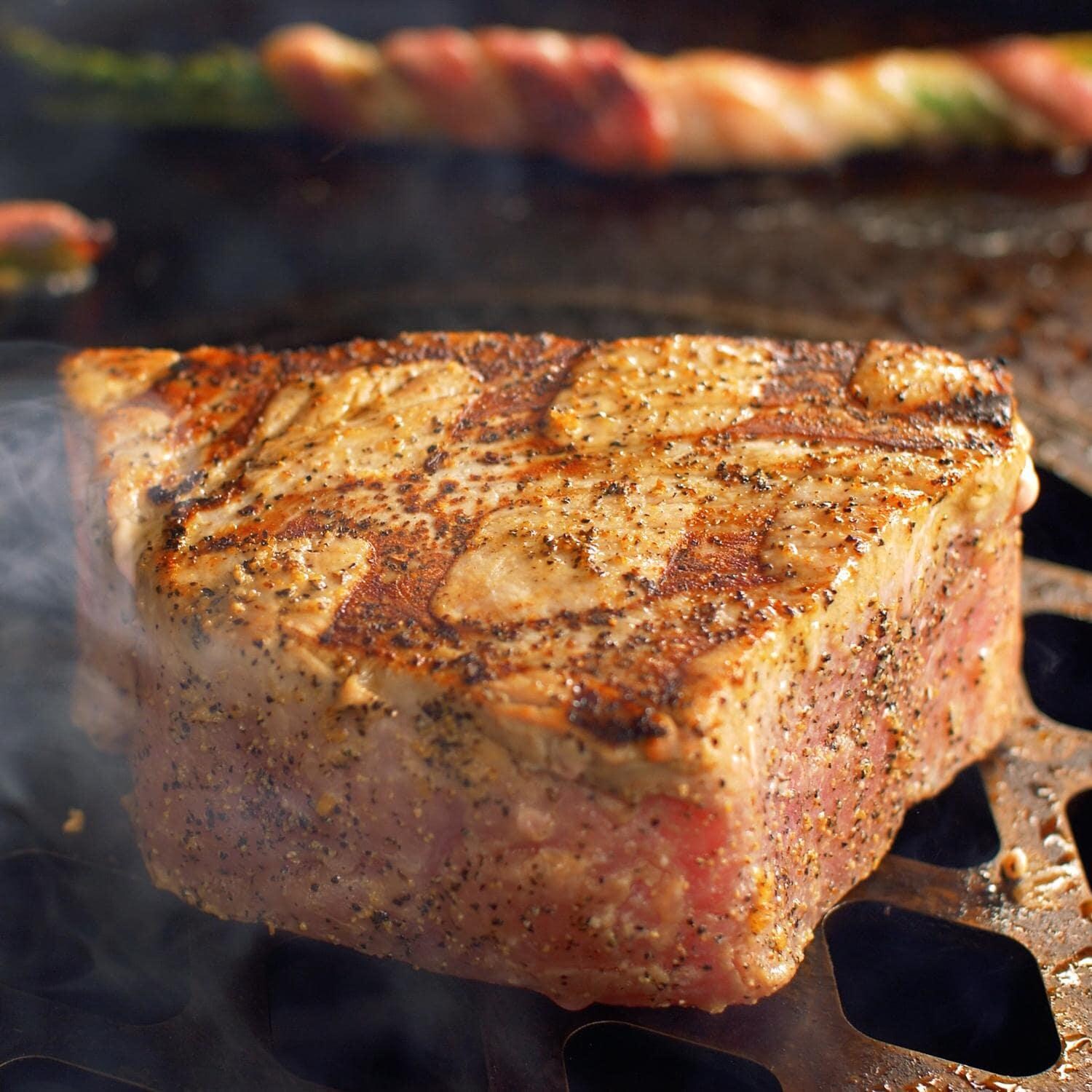 BBQGuys Signature BBQ-KCGG-18-SS Stainless Steel Grill / Griddle Combo For 18-Inch Kamado Grills - Seared Tuna on the Griddle Insert