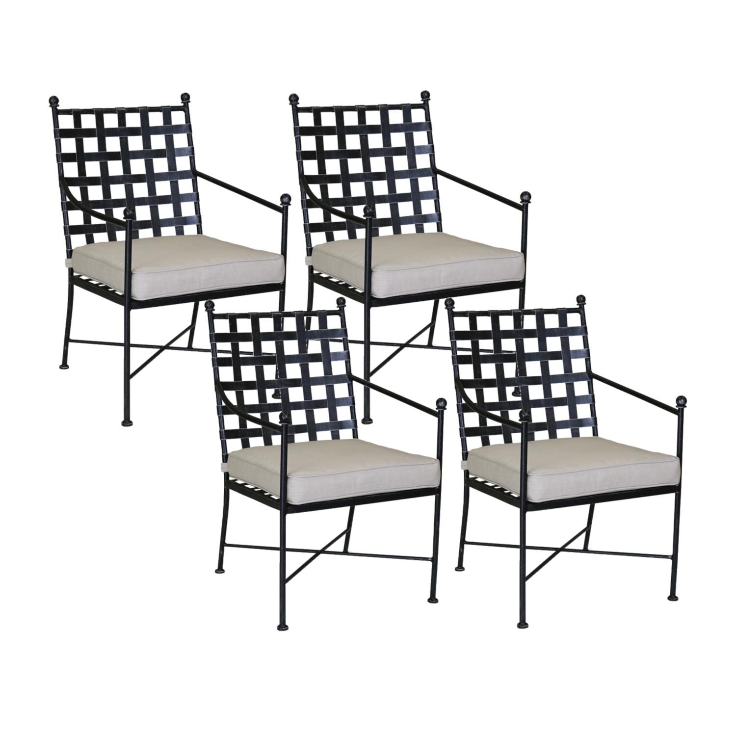 Provence 4 Piece Wrought Iron Patio Dining Arm Chair Set W/ Sunbrella Canvas Flax Cushions By Sunset West thumbnail