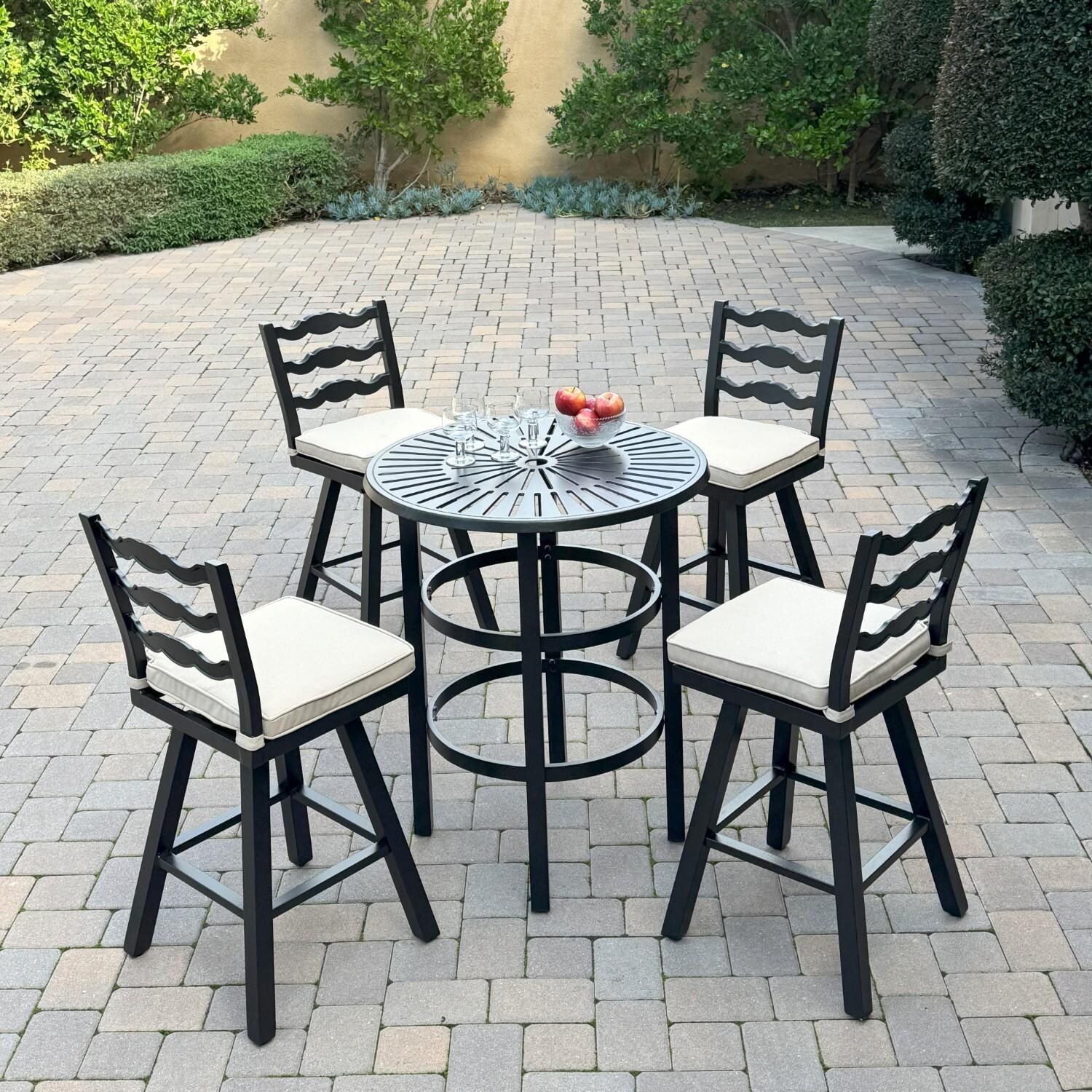 Aspen 4 Pc Aluminum Swivel Counter Height Bar Stool Set in Beige/Dark Brown by Darlee - Shown w/ Side Table (Not Included) - Lifestyle thumbnail