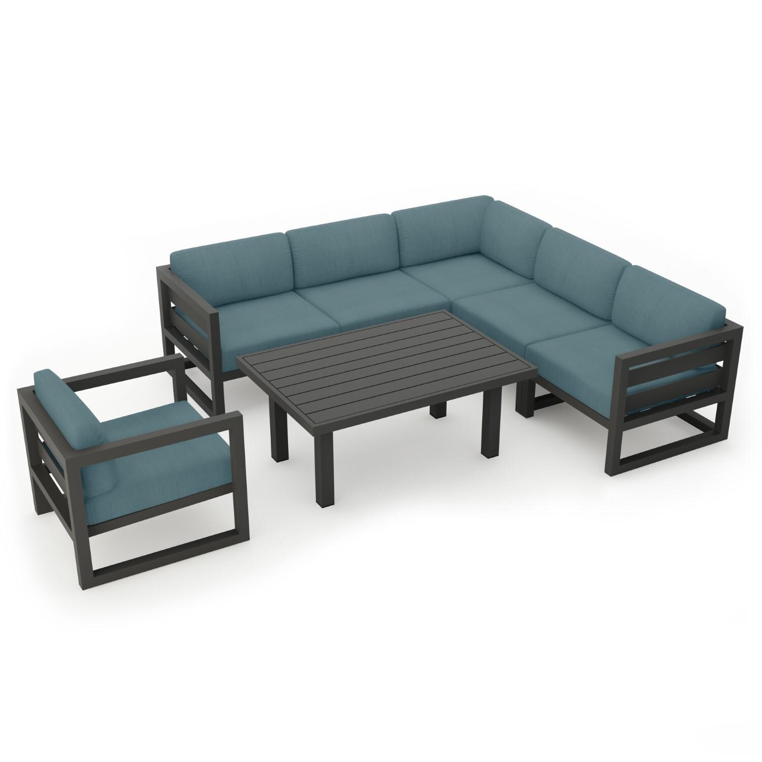 Lakeview MSTYCV-SL-SET212-CL Misty Cove 7 Pc Aluminum Sectional Set in Slate w/Chat Table & Cast Lagoon Cushions by Lakeview Outdoor Designs - Set Angled - White Background thumbnail
