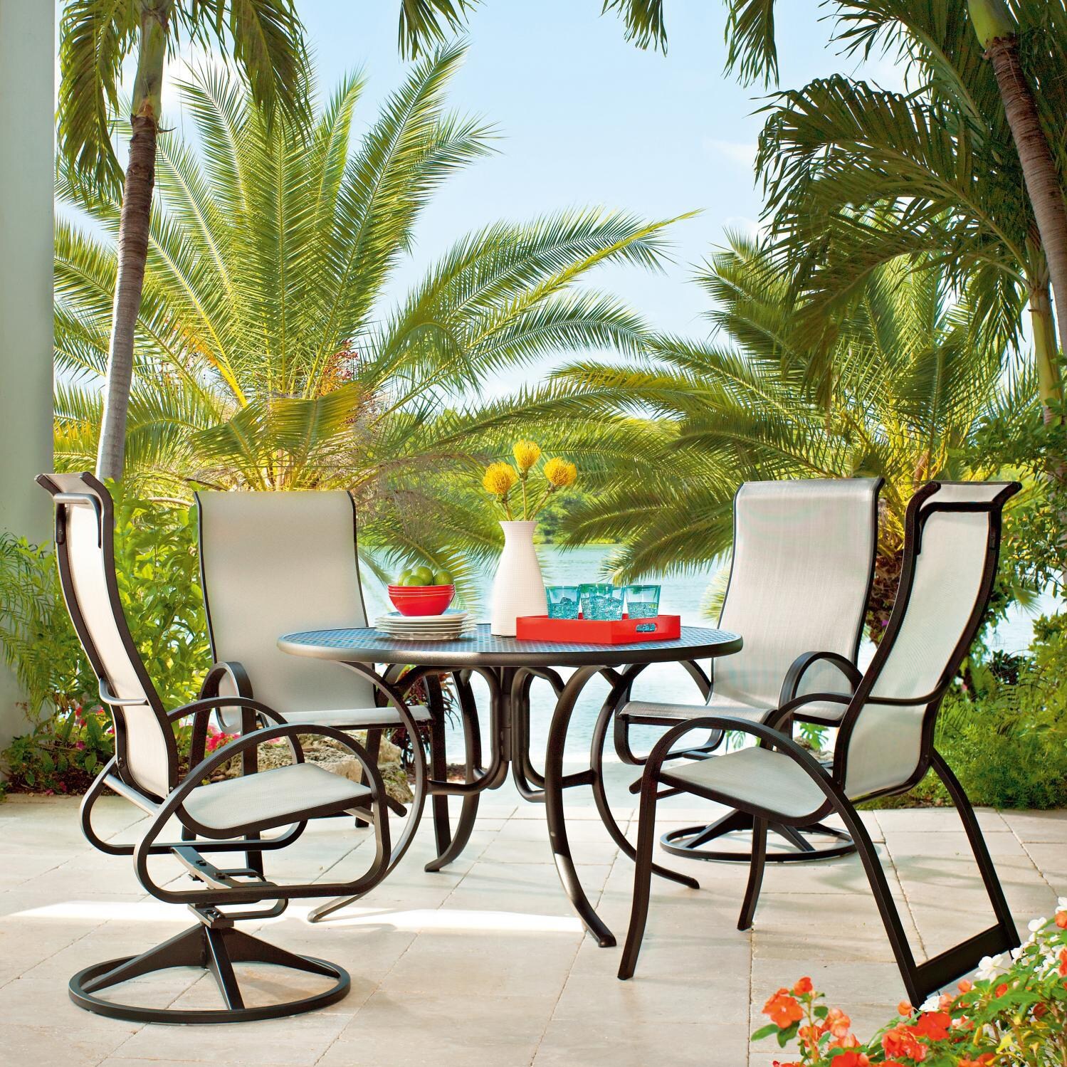Aruba II 5 Piece Aluminum Patio Dining Set With 48-Inch Round Table & 2 Swivel Rockers By Telescope Casual