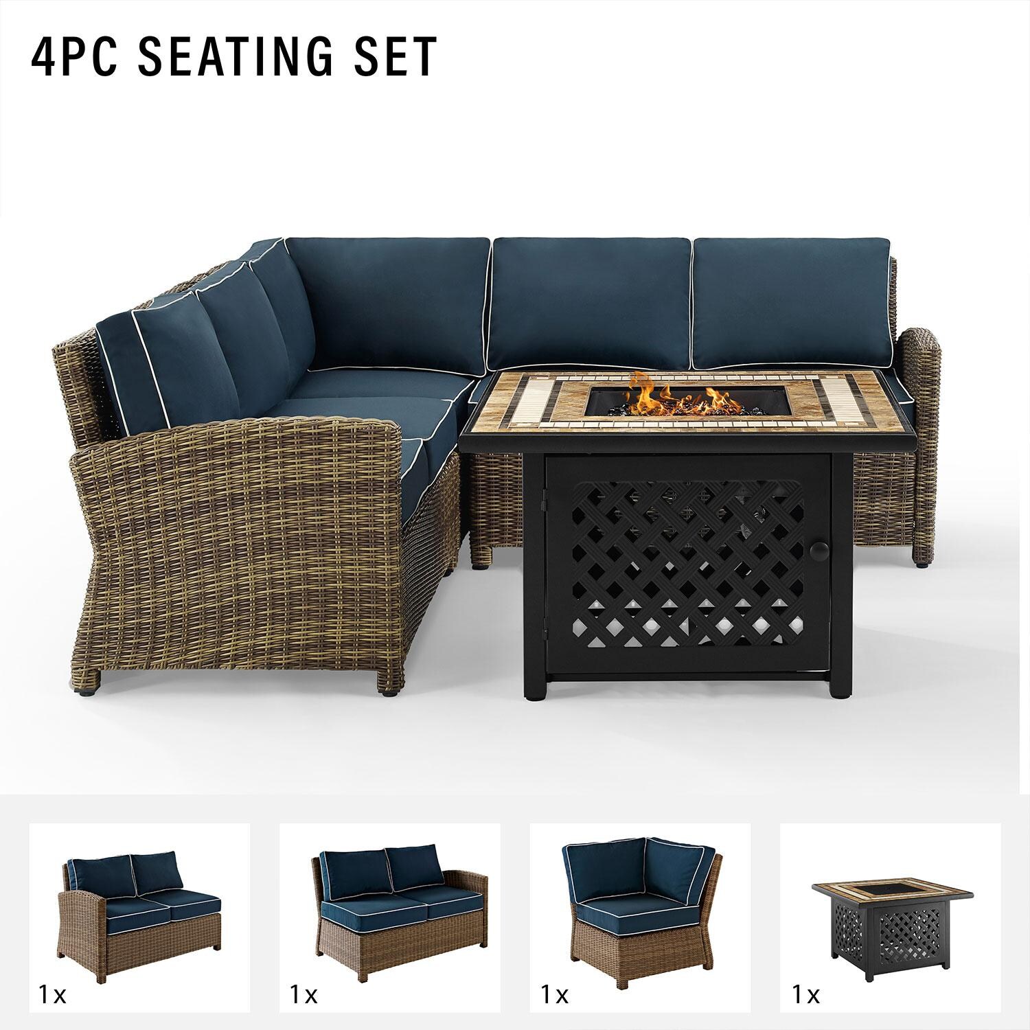 Ultimate Patio UP-92390-NV 4Pc Wicker Outdoor Sectional Set W/ Fire Table in Navy - Included in Set (Sectional & Fire Table) - Diagram thumbnail