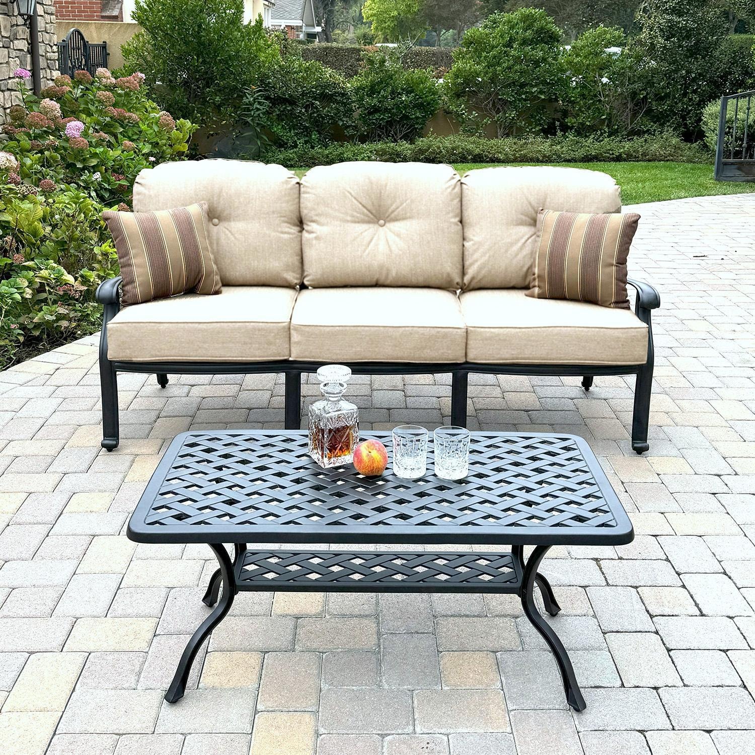 Darlee Elisabeth 2 Pc Cast Aluminum Seating Set w/ 42 X 21 Inch Series 30 Table & Throw Pillows in Antique Bronze/Beige Canvas - Set - Lifestyle thumbnail