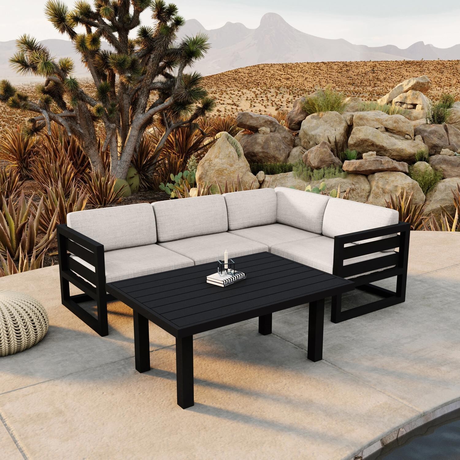 Lakeview MSTYCV-BK-SET203-CS Misty Cove 5 Pc Aluminum Sectional Set in Black w/Chat Table & Cast Silver Cushions by Lakeview Outdoor Designs - By the Pool - Lifestyle thumbnail