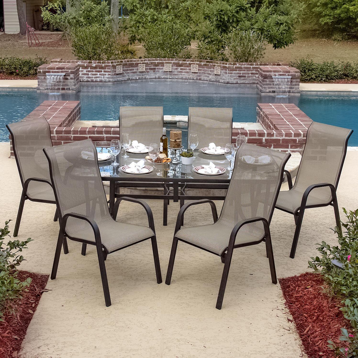 Madison Bay 7 Piece Aluminum Sling Dining Set With Stacking Chairs Madison Bay 7 Piece Aluminum Sling Dining Set With Stacking Chairs And Glass Table By Lakeview Outdoor Designs Ultimate Patio