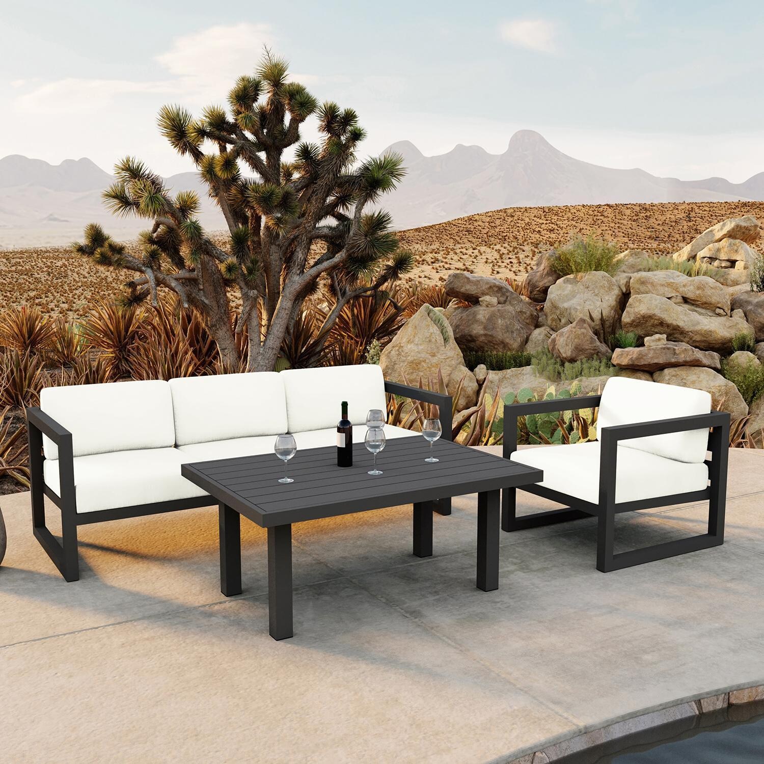 Misty Cove 3 Pc Aluminum Seating Set w/ Sofa & Classic Chat Table in Slate/Canvas Natural by Lakeview Outdoor Designs