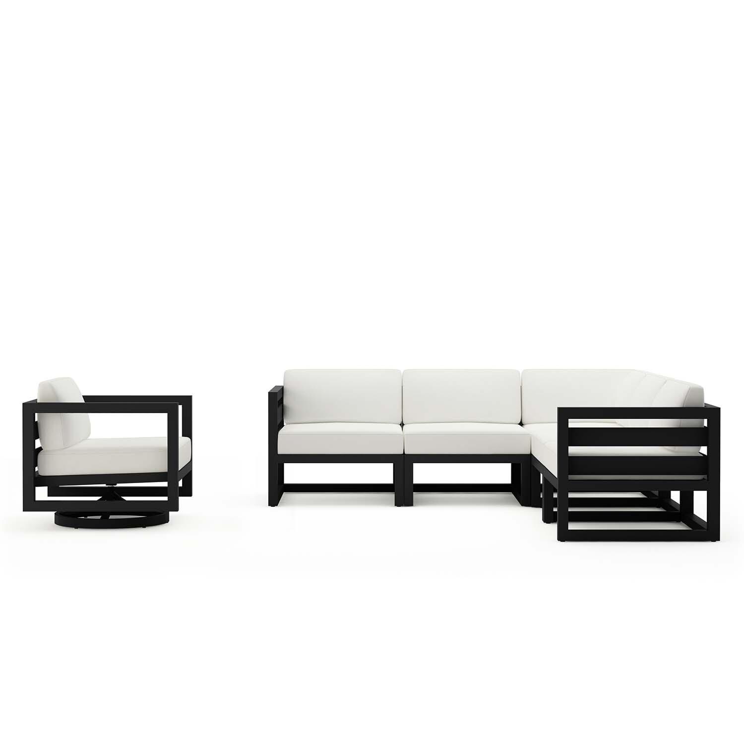 Misty Cove 6 Pc Aluminum Sectional Seating Set w/ Swivel Chairs in Black/Canvas Natural by Lakeview Outdoor Designs - Front View - White Background thumbnail