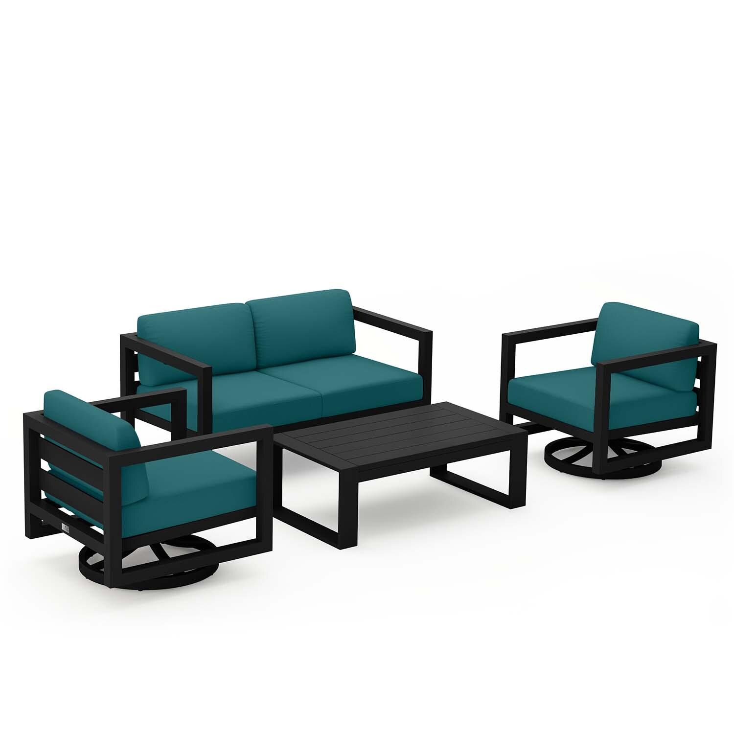 Misty Cove 4 Pc Aluminum Loveseat Seating Set w/ Swivel Chairs in Black/Spectrum Peacock by Lakeview Outdoor Designs - Angled - White Background thumbnail