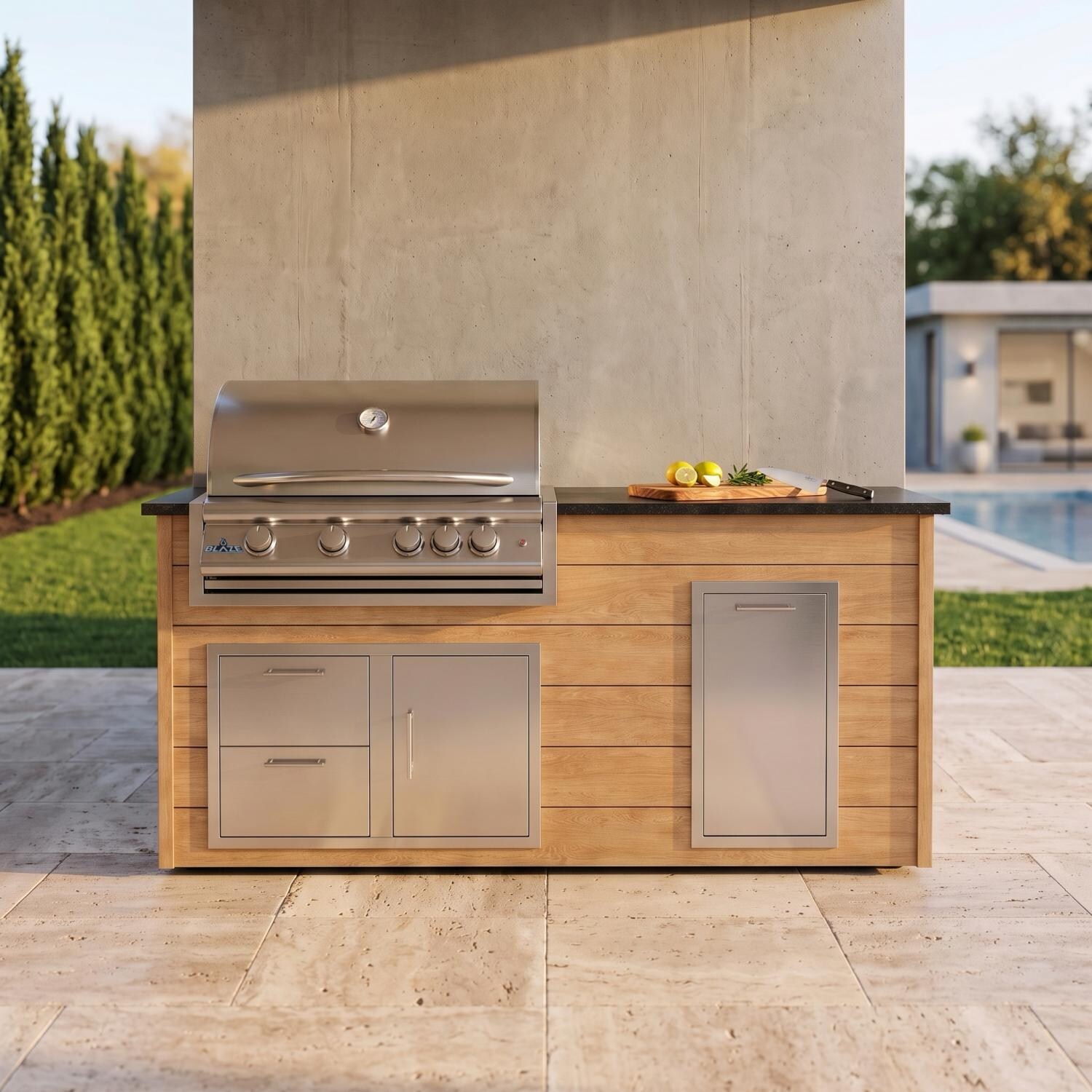 BBQGuys Signature 6 Ft Grill Island w/ 32 Inch Propane Blaze Premium LTE+ Grill, Narrow Trash Bin & Door & Drawer | Sun Bleached Oak w/ Nero Mist Granite - Front - Lifestyle thumbnail