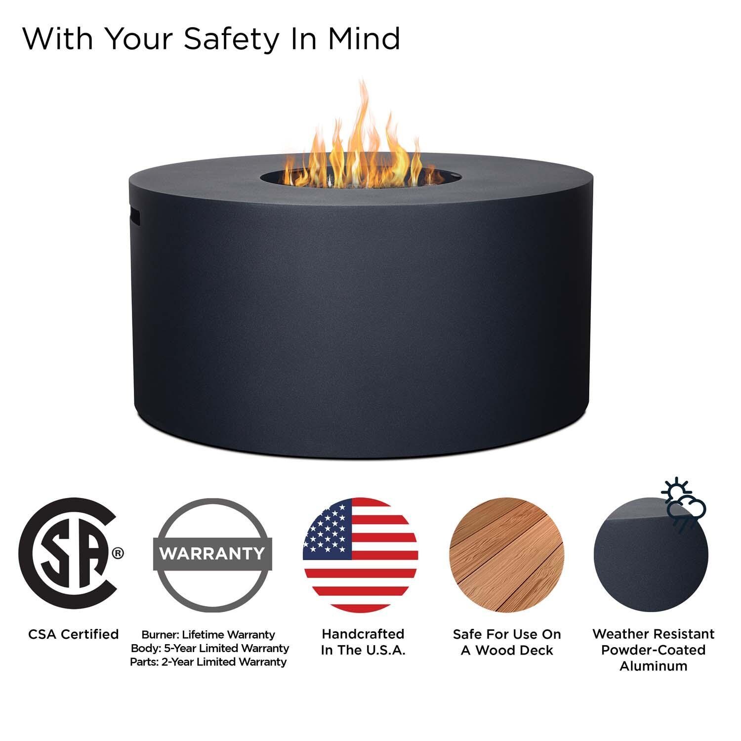 Covewood 41 Inch Round Aluminum Propane Fire Pit Table in Black by BBQGuys Signature - Safety